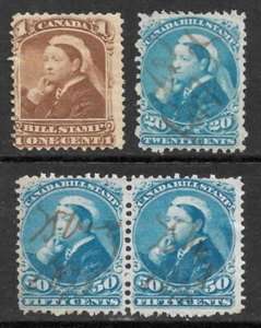 Canada 1868 series bill stamps, Victoria 1¢ mh, 20¢ used, 50¢ used pair. - Picture 1 of 2