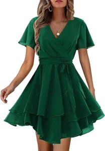 Green Womens Cute V-neck Short Sleeve Flare Dress - holidays, parties, wedding - Picture 1 of 5