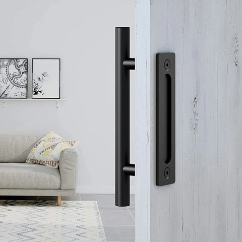 12" Cylinder Antique Sliding Barn Door Handles Pull and Flush Hardware Kit Black Cover