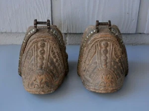 Antique 19th c. Chilean Huaso Horse Estribos Stirrups - Carved Wood Silver Inlay - Picture 1 of 12