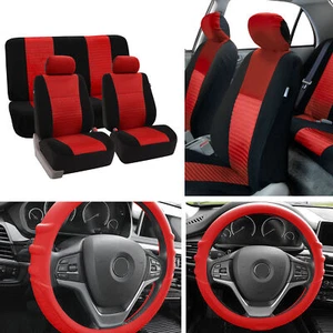 Full Interior Set Red Seat Covers for Auto w/ Silicone Steering Cover Combo - Picture 1 of 10