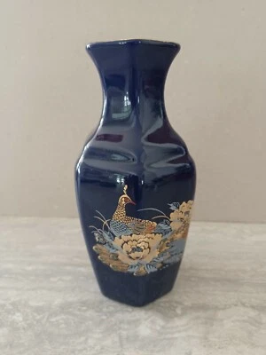 80s Metallic Peacocks Hexagonal Cobalt Blue Vase, Gold Gilt, 6.25" tall, 12 oz. - Image 1 of 4