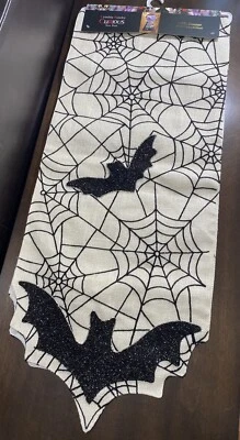 CYNTHIA ROWLEY NEW!!! Halloween Decor Table Runner Cottage Beach Farm BATS WEB - Image 1 of 4