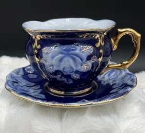 Rare Tea Cup & Saucer Limoges France Cobalt Blue Gold & White Vintage Gift  - Picture 1 of 23