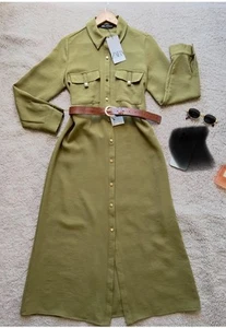 Zara New khaki Midi Shirt Dress With Belt Size M brand new with tags - Picture 1 of 8