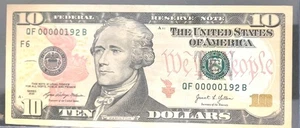 2021 $10 Bill Very Low 3 Digits Numbers QF00000192B Crispy Uncirculated - Picture 1 of 2
