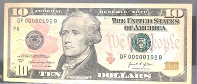 2021 $10 Bill Very Low 3 Digits Numbers QF00000192B Crispy Uncirculated - Image 1 of 2