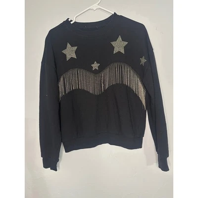 Sudadera Negra Estrella Flecos Adornada Pullover Informal Top Foto 1 de 3