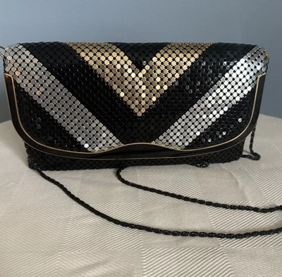 Vtg 80s Enamel Mesh Shoulder Bag Black Clutch Silver Gold Chevron Hong Kong - Image 1 of 4