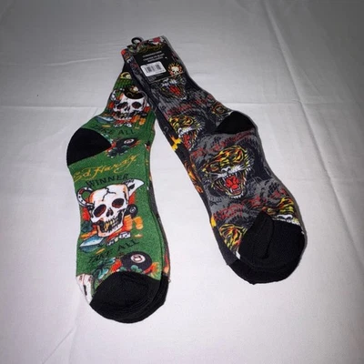 Ed Hardy Calavera Tigre Cuatro Pares de Calcetines Crew Talla Adulto Verde Gris Negro Foto 1 de 4