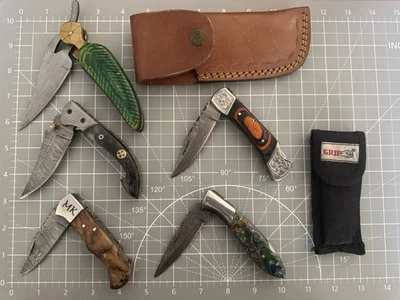 Lot of 5 Varied Plain Edge Damascus Steel Folding Knives -CLEAN -NO RES - Image 1 of 4