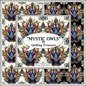 QT, MYSTIC OWLS, FEATHER MEDALLIONS, 30037, MORRIS, FABRIC, PRICED @ 1/2 YD - Picture 1 of 3