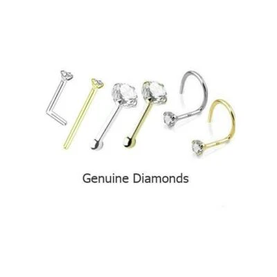 1.5mm Genuine Real Diamond Nose Ring Stud L Bend Screw Yellow Gold White Gold - Image 1 of 2