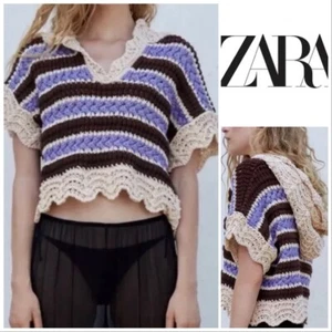 ZARA Crochet Knit Hooded Jumper Size S - Multi Striped Cropped Top Cotton Blend - Picture 1 of 13