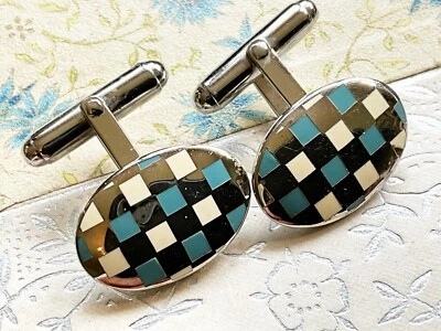 Vintage Sterling Cufflinks with Checkerboard Light Blue & Cream Enamel - Изображение 1 из 4