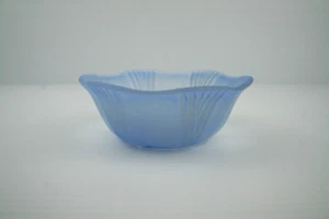 Pale Blue Frosted Glass  Bowl Scalloped Edge Carved Lines Vine Etching - Picture 1 of 5