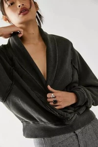 Free People Wrap Sweatshirt Top Ribbed Oversized Jacket Black Cotton S 265114 - Picture 1 of 6
