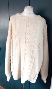 Vintage Hand Knitted Wool Chunky Cream Aran Bobble Knit Jumper Oversize M - Picture 1 of 12