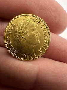 1922 -B Cinco Pesos Colombia 22k 0.916 Gold Coin Lamination Error ￼#6576 - Picture 1 of 14