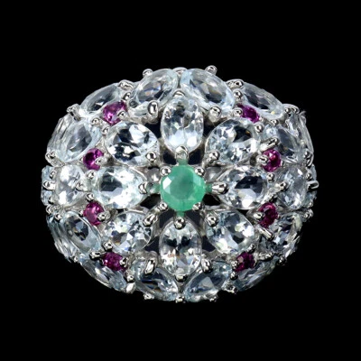 925 Anello Argento Sterling Ovale Acquamarina Smeraldo Granato Gemma Misura 9 - Immagine 1 di 4