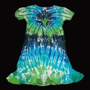 Organic Cotton Tie Dye Girl's Dress Blue & Green Sunburst 10 Hippie Tye Dyed - Picture 1 of 1
