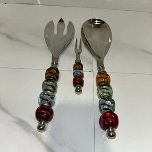 Pier 1 Deluxe Large Marble Colored Handle  Serving Fork, Spoon & Relish Fork - Picture 1 of 4