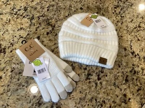 C.C Damen gerippte Mütze & Handschuhe Zopfmuster Touchscreen Smart Tips creme elfenbeinfarben neu mit Etikett - Bild 1 von 5