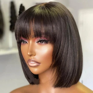 Short Layered Bob Wig Human Hair with Bangs Scalp Top Full Machine None Lace Wig - Picture 1 of 11