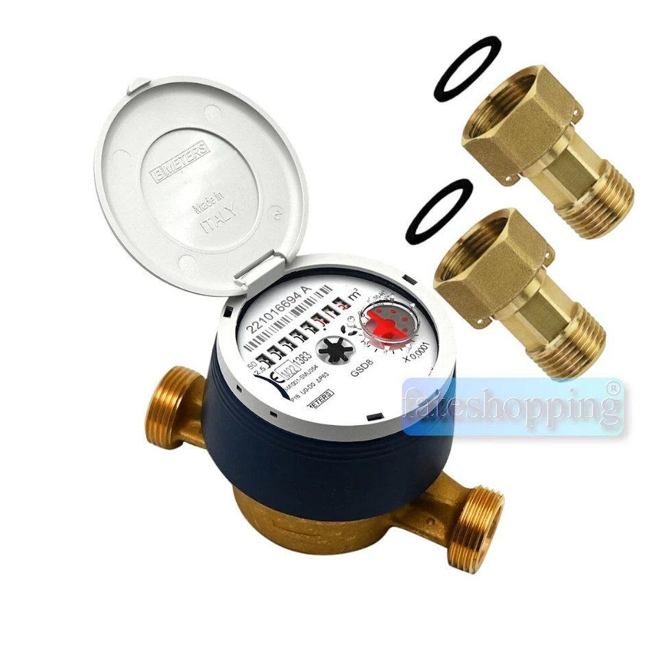 Contatore acqua fredda 1/2 quadrante asciutto girevole 8 rulli Italy + raccordi - Immagine 1 di 1