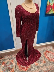 Sequin Formal Dress/Gown Midi Royal Red , Satin, Long Sleeve, Slit,Size 2XL - Picture 1 of 7