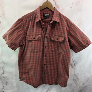 Filson Shirt Mens Large Orange Gray Plaid Button Up Short Sleeve Camp Heavy - Picture 1 of 10