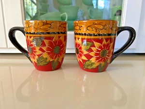 Pier 1 Imports Hand-Painted SUNFLOWER Coffee Tea Mug Cup Terracotta LOT 2 - Picture 1 of 5