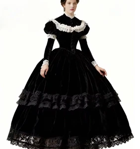 Vintage Black Victorian Evening Dress Lace High Neck Long Sleeve Prom Dress - Picture 1 of 10