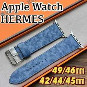 Bracelet cuir Hermès Apple Watch bleu Epson 49 46 45 44 42 mm revêtement brillant - Photo 1 sur 10