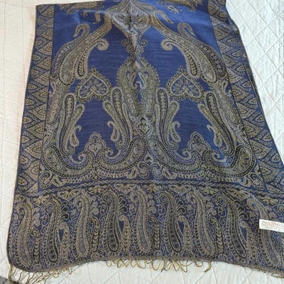 Pashmina Mezcla Cachemira Bufanda Envoltura Azul Dorado Paisley Elegante Borlas Romántico Foto 1 de 4