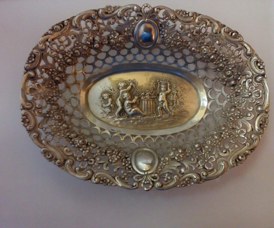 Antico Lavorazione a Sbalzo Rococò Reticolo Cesto, Ha una 800 Argento Timbro - Immagine 1 di 1