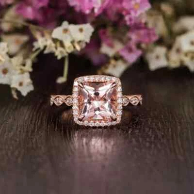 3.5Ct Princess Cut Morganite Diamond Halo Engagement Ring 14K Rose Gold Finish - Image 1 of 4