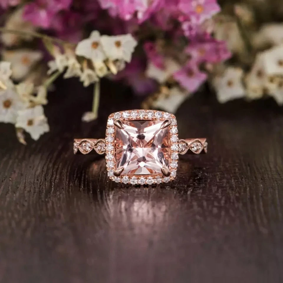 3.5Ct Princess Cut Morganite Diamond Halo Engagement Ring 14K Rose Gold Finish - Image 1 of 4
