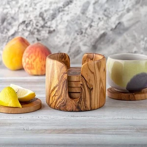 Olive Wood Coasters in a Non Rustic Holder, 6-pcs Set Wooden Coasters for Drinks - Picture 1 of 6