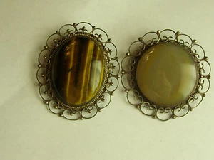 PAIR OF BEAUTIFUL! OLD STERLING STONE BROOCH TIGERS EYE, AGATE - Picture 1 of 10