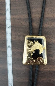 Black Leather Goldtone Horse Head w/ Rhinestones Bolo Tie - Picture 1 of 8