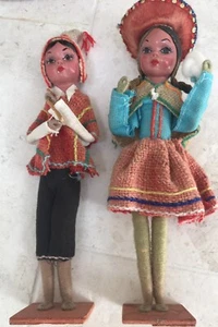 PERU; Boy and Girl Pair of Handmade Doll Figurines on Stands;OLD Ethnic Folk Art - Picture 1 of 12