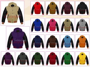Chaqueta de lana de béisbol universitario Letterman cuero real mangas negras - Imagen 1 de 12