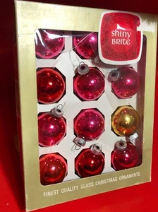 SHINY BRITE Christmas Ornaments 1.75" Balls Box 12 Vintage Glass PINK RED GOLD - Picture 1 of 7