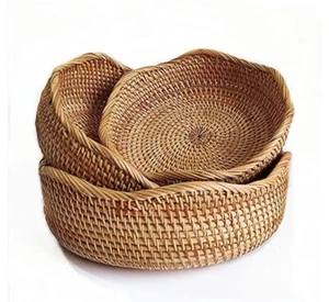 3 Rattan Round Fruit Baskets, Natural Woven Wicker Storage Bowls - Picture 1 of 7