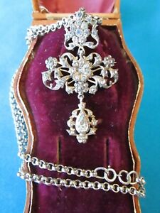 Antique Georgian Victorian Sterling Silver Cross Paste Brooch Pendant Necklace