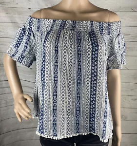 Rewind Off Shoulder Shirt Juniors Large Blue White Floral Striped BOHO Chic Top - Picture 1 of 12
