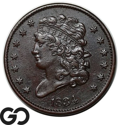 1834 Half Cent, Classic Head, Scarce This Nice, Choice AU++ Early Copper - Image 1 of 2
