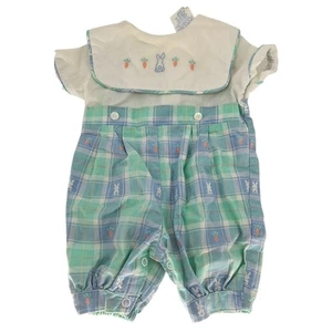 Vintage 1990s Good Lad Baby Sz 3-6M Bubble Romper Easter Bunny Pastel Plaid - Picture 1 of 6