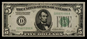 FR 1952-D dgs $5 1928 B Federal Reserve Note US - XF+ - SKU-CA1469 - Picture 1 of 2